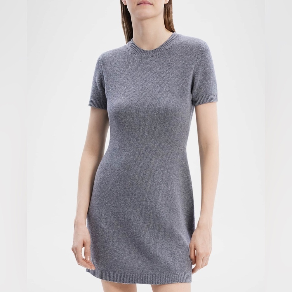 Theory Wool Cashmere Crew Neck Sweater Dress S/s Grey - Sz M